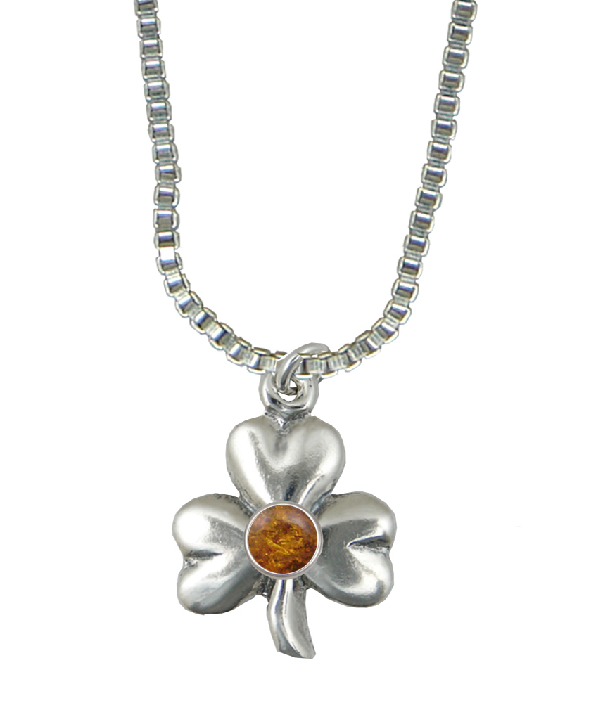 Sterling Silver Lucky Shamrock Pendant With Amber